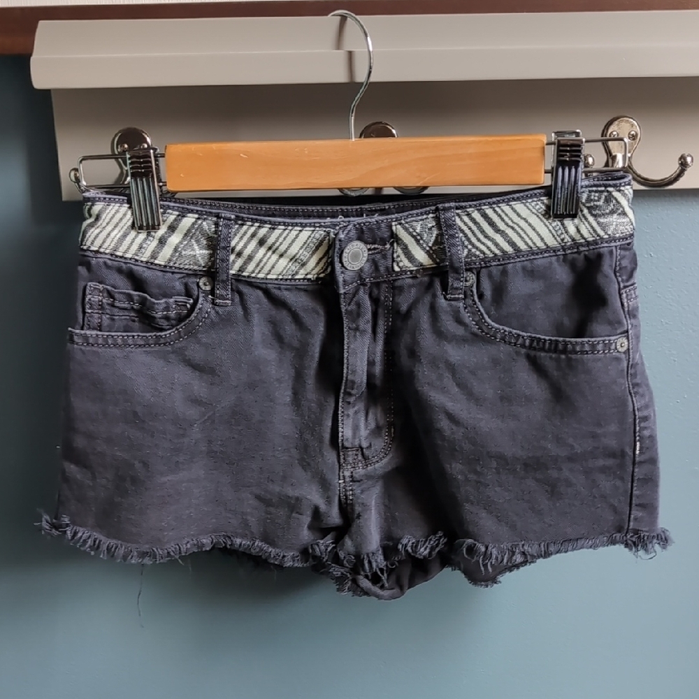 Tribal Print Black Denim Shorts